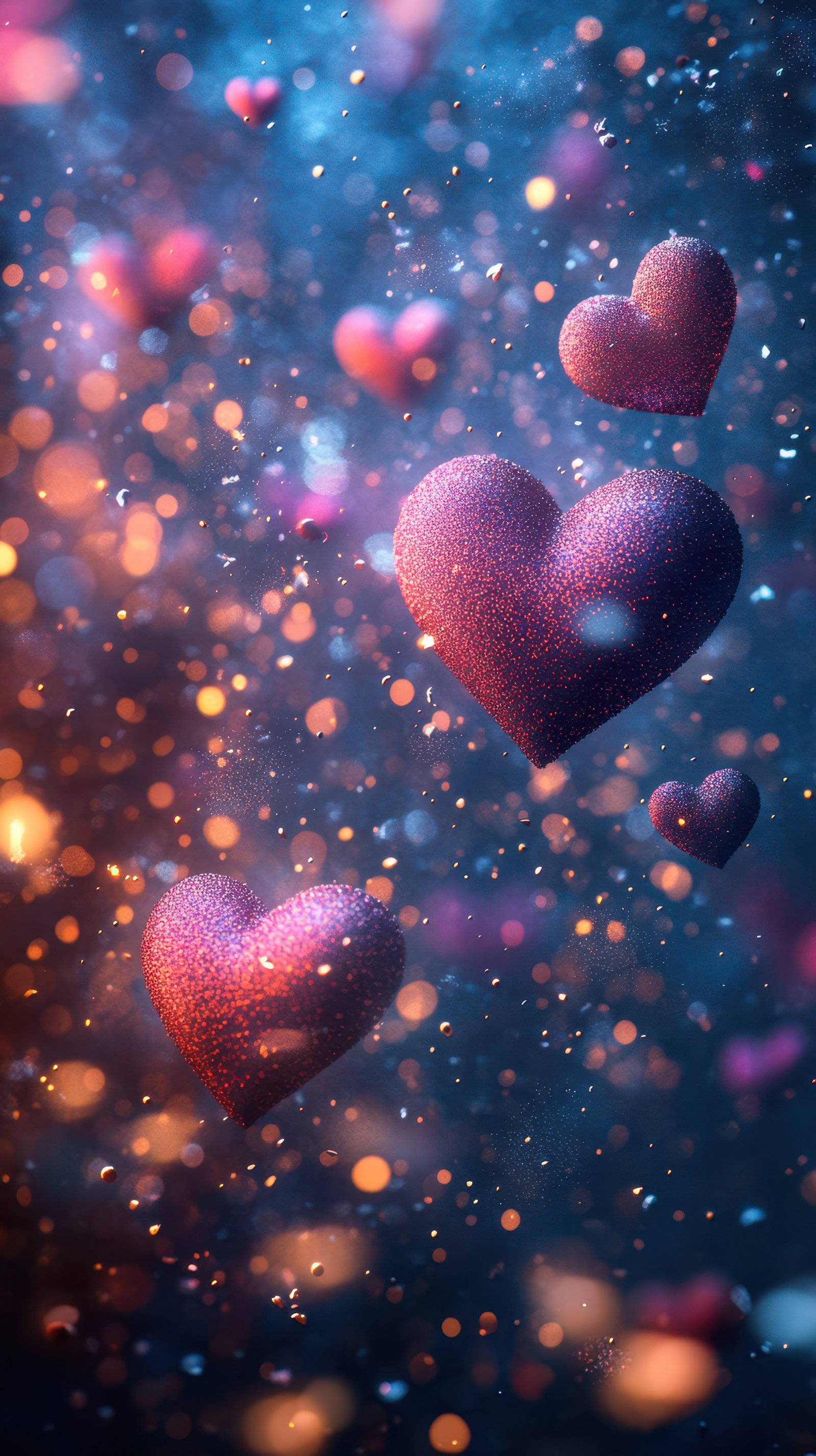 Floating hearts create a dreamy atmosphere with colorful bokeh lights in a whimsical background at night